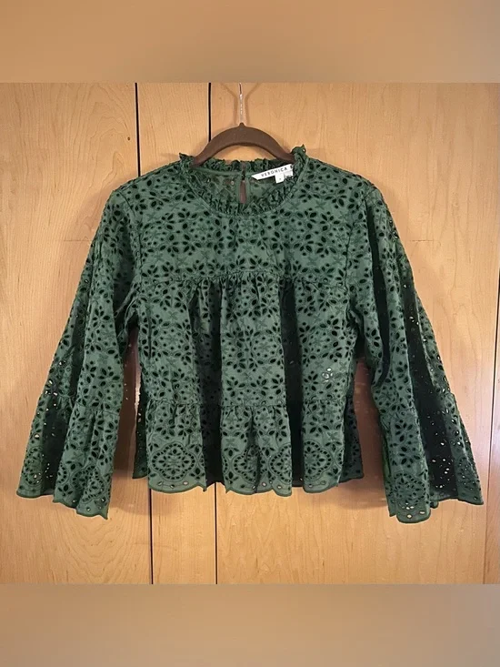 Veronica Beard Emmalyn Eyelet Flounce Top in Green - Ruffle Peplum/Bell Sleeve - Picture 3 of 11